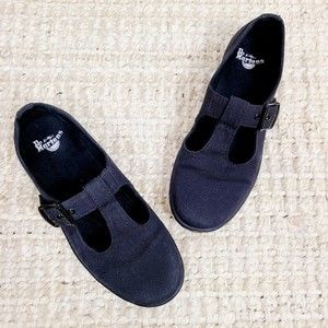 Dr. Martens Woolwich Mary Jane Shoes Womens 7 Black Canvas Buckle T-Strap Flats